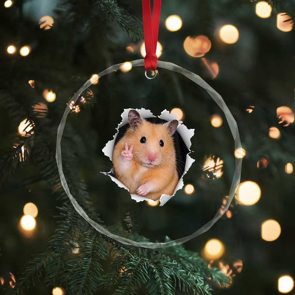 Funny Curious Hamster Peeking Through A Cracked Wall Meme Crystal Glass Ornament
