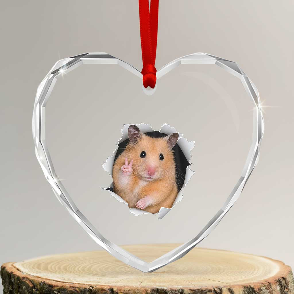 Funny Curious Hamster Peeking Through A Cracked Wall Meme Heart Crystal Glass Ornament