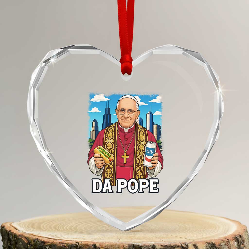 Funny Da Pope Leo XIV Heart Crystal Glass Ornament 267th Pope Chicago Hot Dog and Beer - Wonder Print Shop