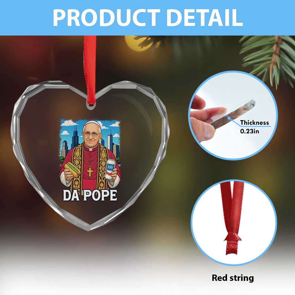 Funny Da Pope Leo XIV Heart Crystal Glass Ornament 267th Pope Chicago Hot Dog and Beer - Wonder Print Shop