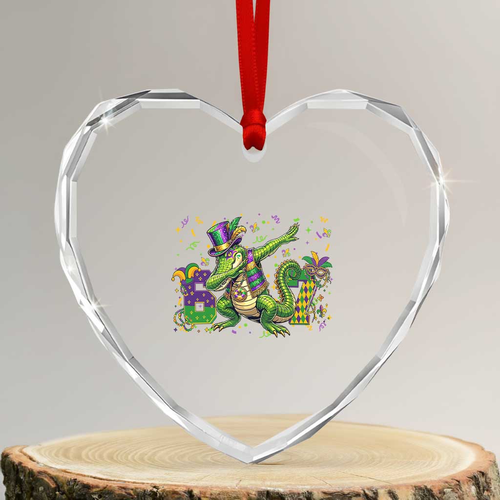 Funny Dabbing Alligator 67 Mardi Gras Six Seven Meme Heart Crystal Glass Ornament