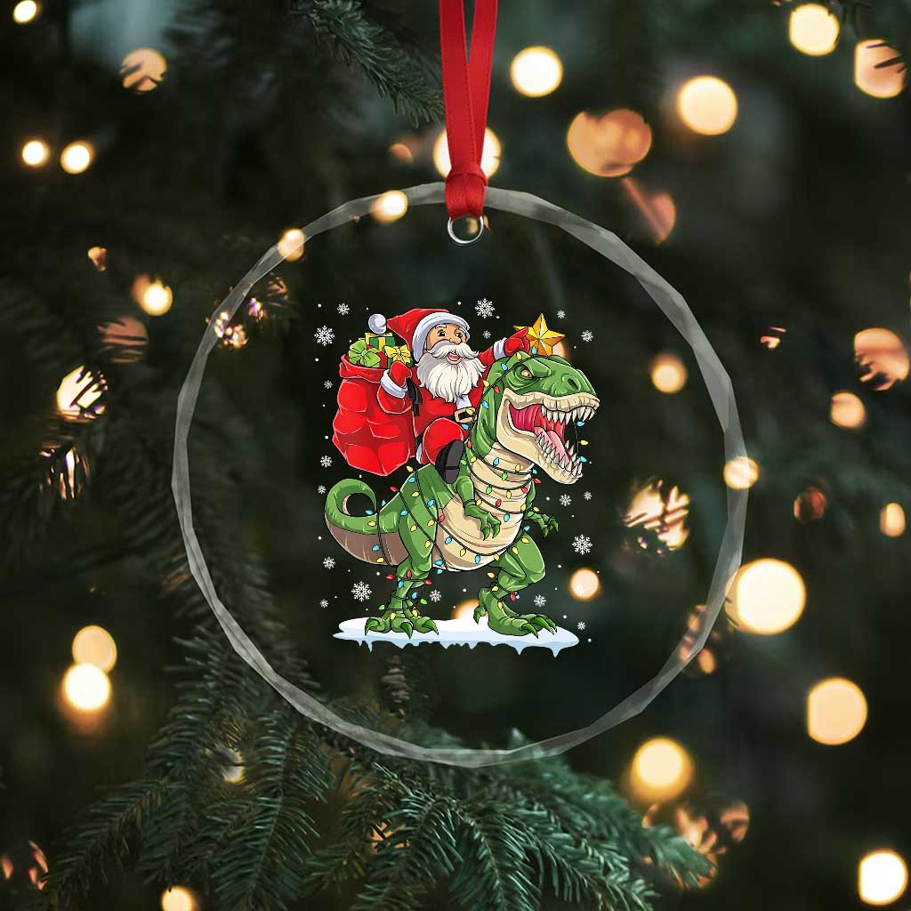 Funny Dinosaur Christmas Santa Claus Riding Dino Crystal Glass Ornament - Wonder Print Shop
