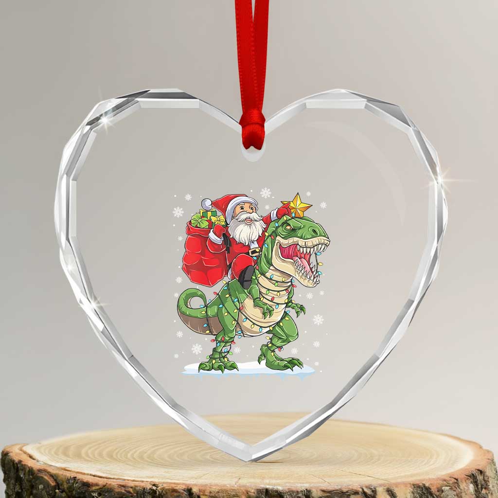 Funny Dinosaur Christmas Santa Claus Riding Dino Heart Crystal Glass Ornament - Wonder Print Shop