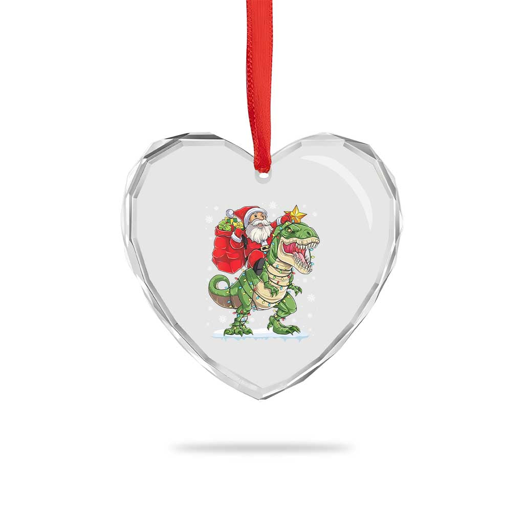 Funny Dinosaur Christmas Santa Claus Riding Dino Heart Crystal Glass Ornament - Wonder Print Shop