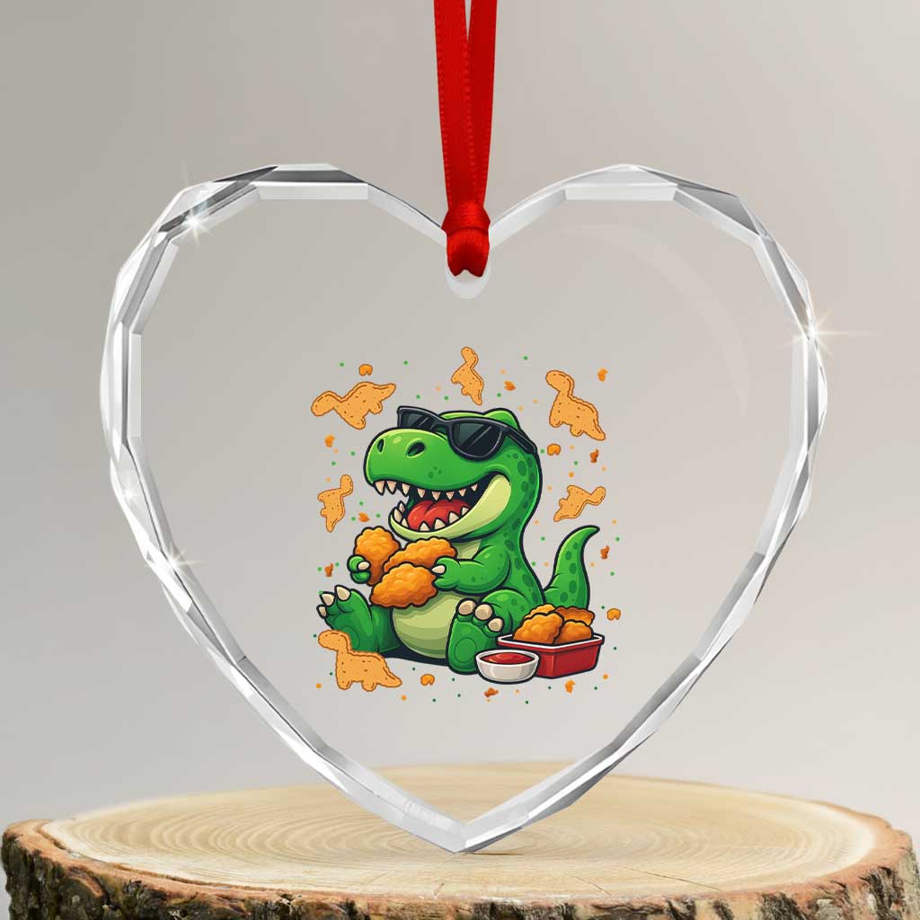 Funny Dinosaur Eating Chicken Nuggets Heart Crystal Glass Ornament Food Lover Gift - Wonder Print Shop
