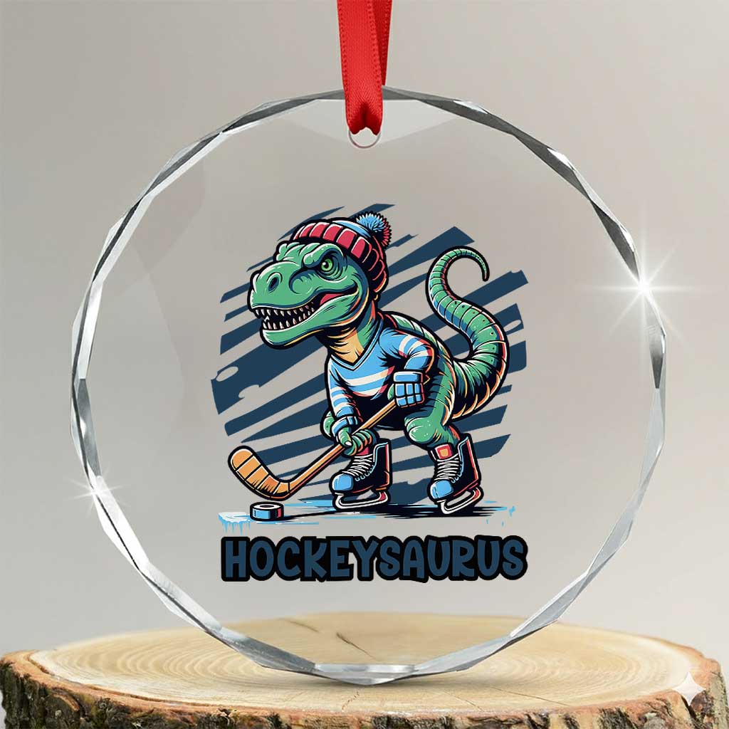 Funny Dinosaur Playing Ice Hockey Crystal Glass Ornament Hockeysaurus Gift For Kids - Wonder Print Shop
