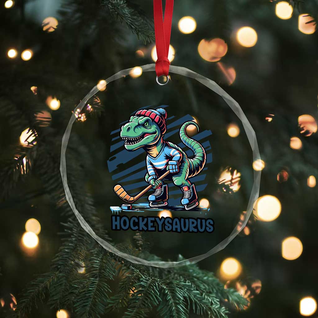 Funny Dinosaur Playing Ice Hockey Crystal Glass Ornament Hockeysaurus Gift For Kids - Wonder Print Shop