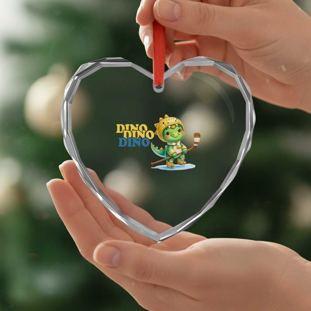 Funny Dinosaur Playing Ice Hockey Heart Crystal Glass Ornament Gift For Dino Lovers - Wonder Print Shop