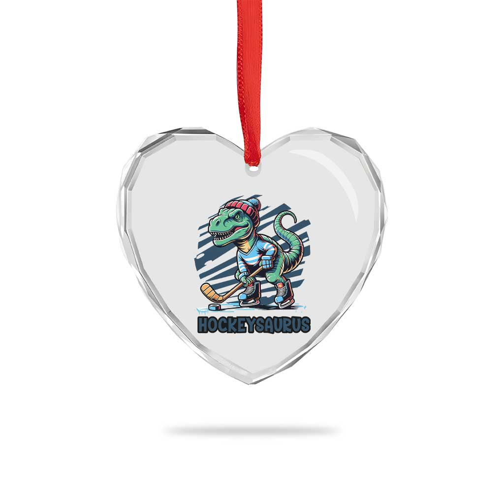 Funny Dinosaur Playing Ice Hockey Heart Crystal Glass Ornament Hockeysaurus Gift For Kids - Wonder Print Shop
