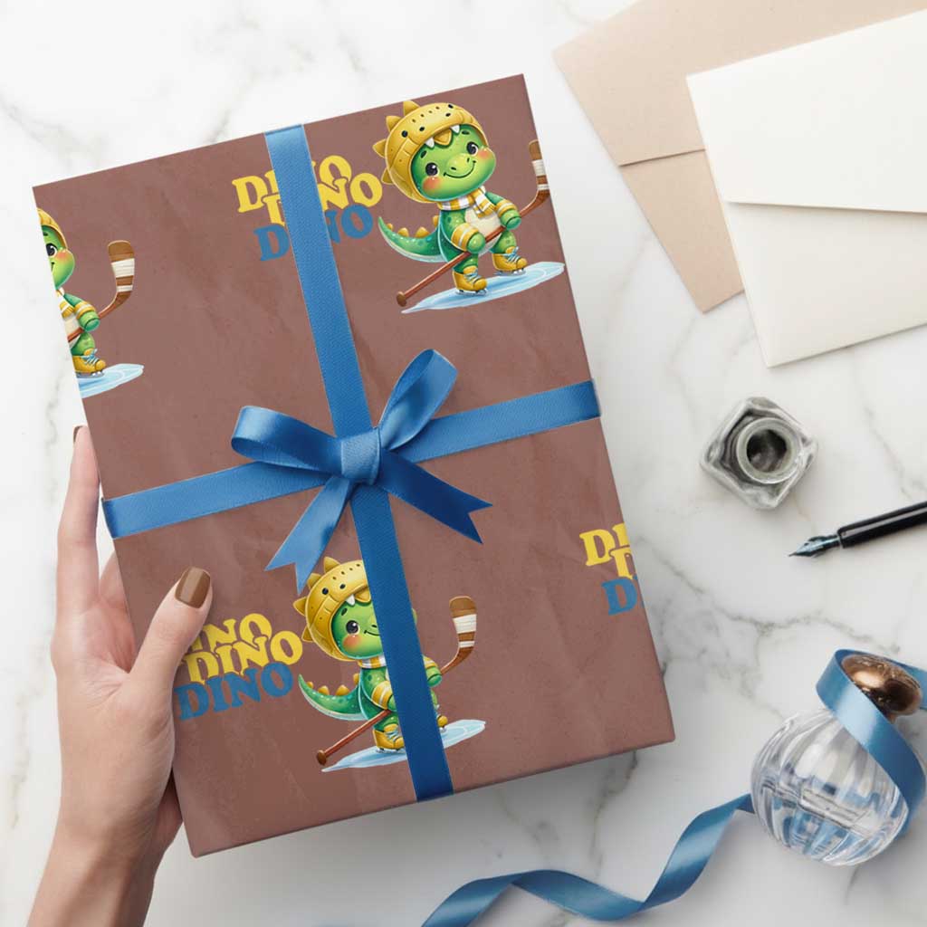 Funny Dinosaur Playing Ice Hockey Wrapping Paper Roll Gift For Dino Lovers - Wonder Print Shop