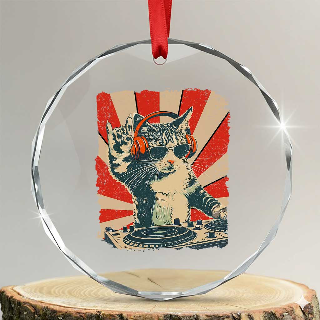 Funny DJ Cat with Headphones Retro Music Lover Crystal Glass Ornament