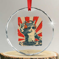 Funny DJ Cat with Headphones Retro Music Lover Crystal Glass Ornament