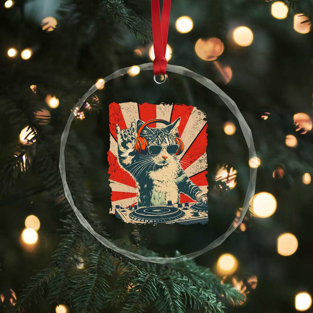 Funny DJ Cat with Headphones Retro Music Lover Crystal Glass Ornament