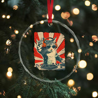 Funny DJ Cat with Headphones Retro Music Lover Crystal Glass Ornament