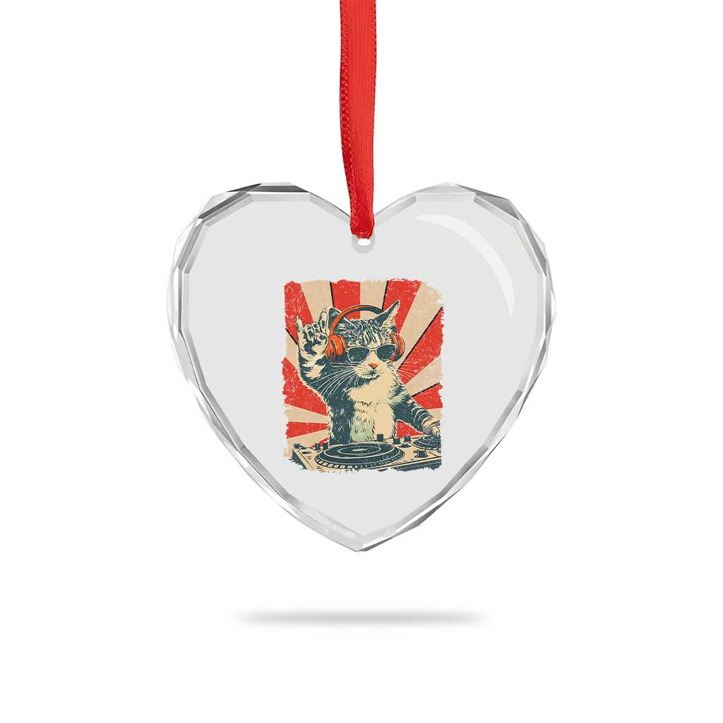 Funny DJ Cat with Headphones Retro Music Lover Heart Crystal Glass Ornament