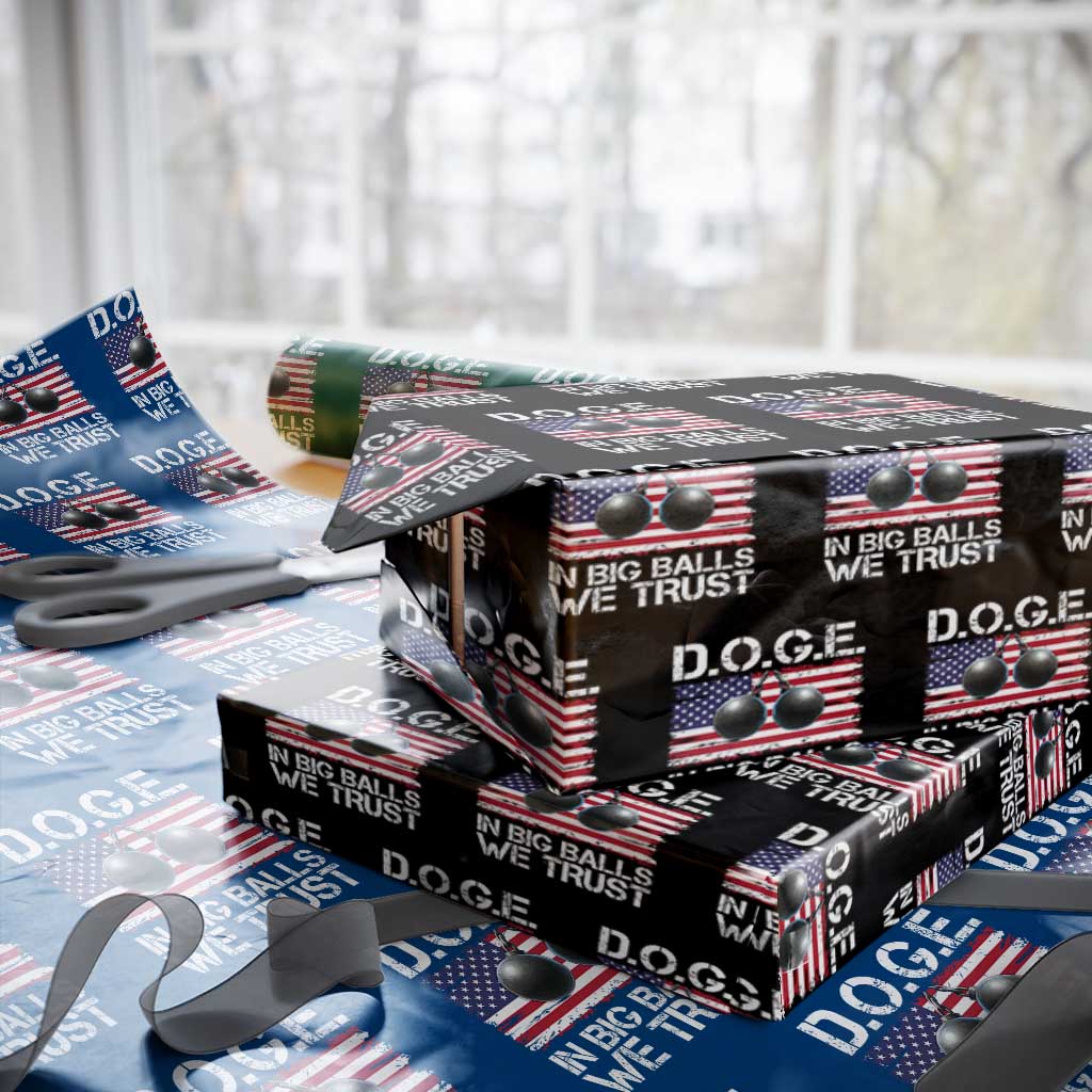 Funny D.O.G.E Patriotic 2025 Wrapping Paper Roll In Big Balls We Trust American Flag - Wonder Print Shop