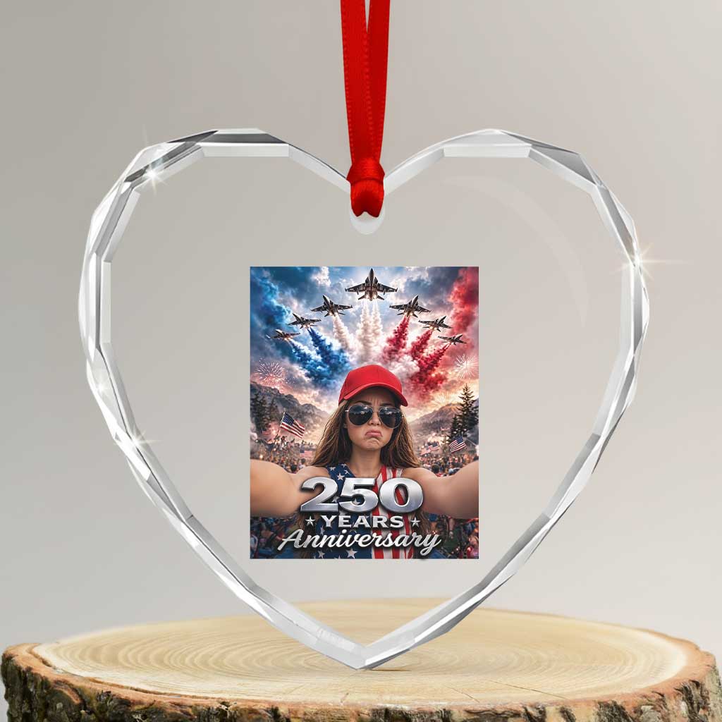 Funny Doll Face Meme 4th Of July Heart Crystal Glass Ornament USA Freedom Jet Fighter Graphic