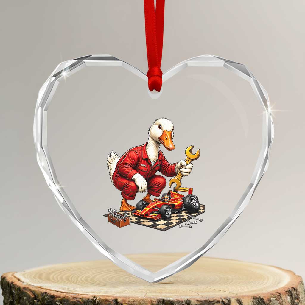 Funny Duck Mechanic Race Car Pit Crew Heart Crystal Glass Ornament Motorsports Enthusiast Auto Repair