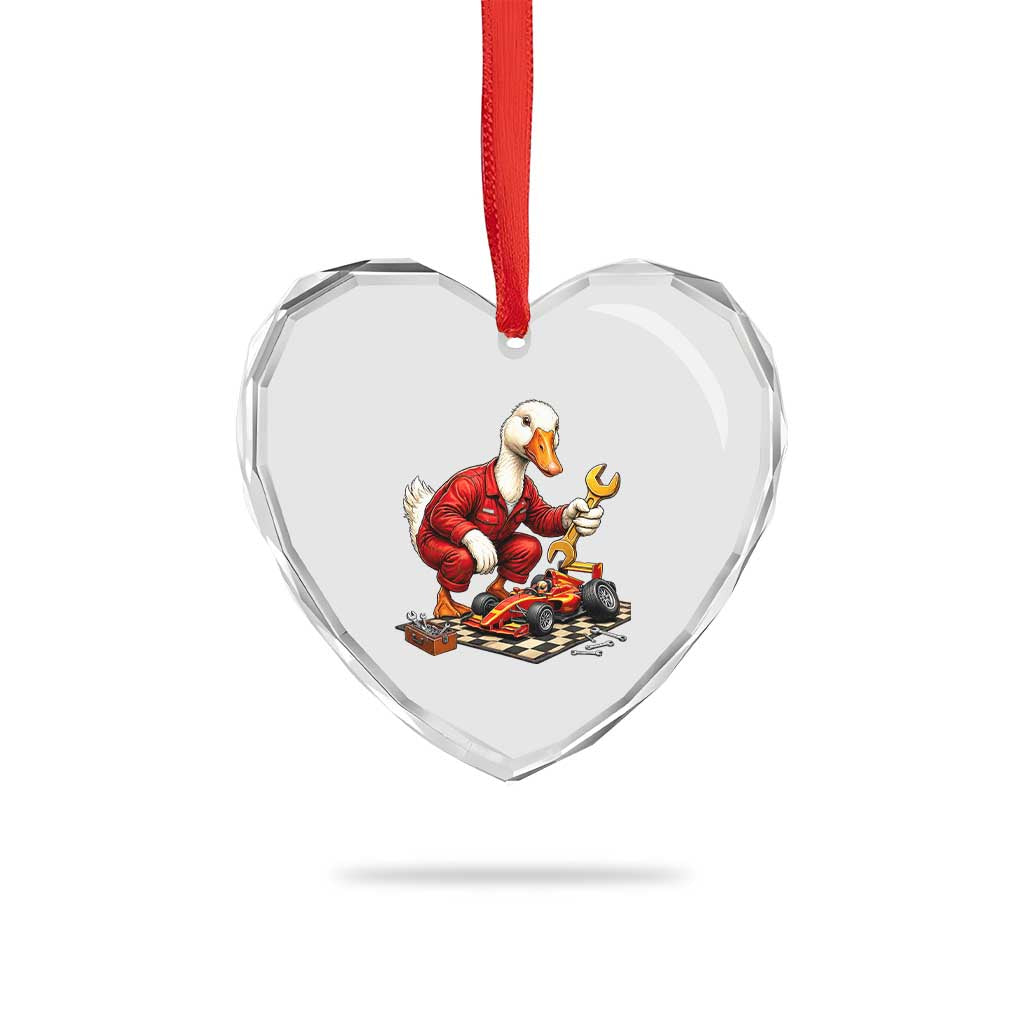 Funny Duck Mechanic Race Car Pit Crew Heart Crystal Glass Ornament Motorsports Enthusiast Auto Repair