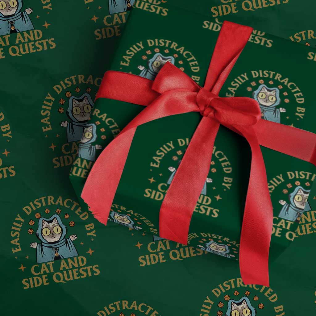 Funny Easily Distracted By Cats And Side Quests Wrapping Paper Roll RPG Tabletop Gamer - Wonder Print Shop