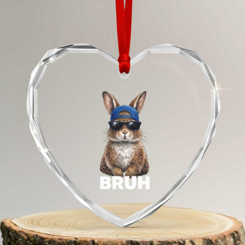 Funny Easter Bruh Bunny Sunglasses Meme Heart Crystal Glass Ornament