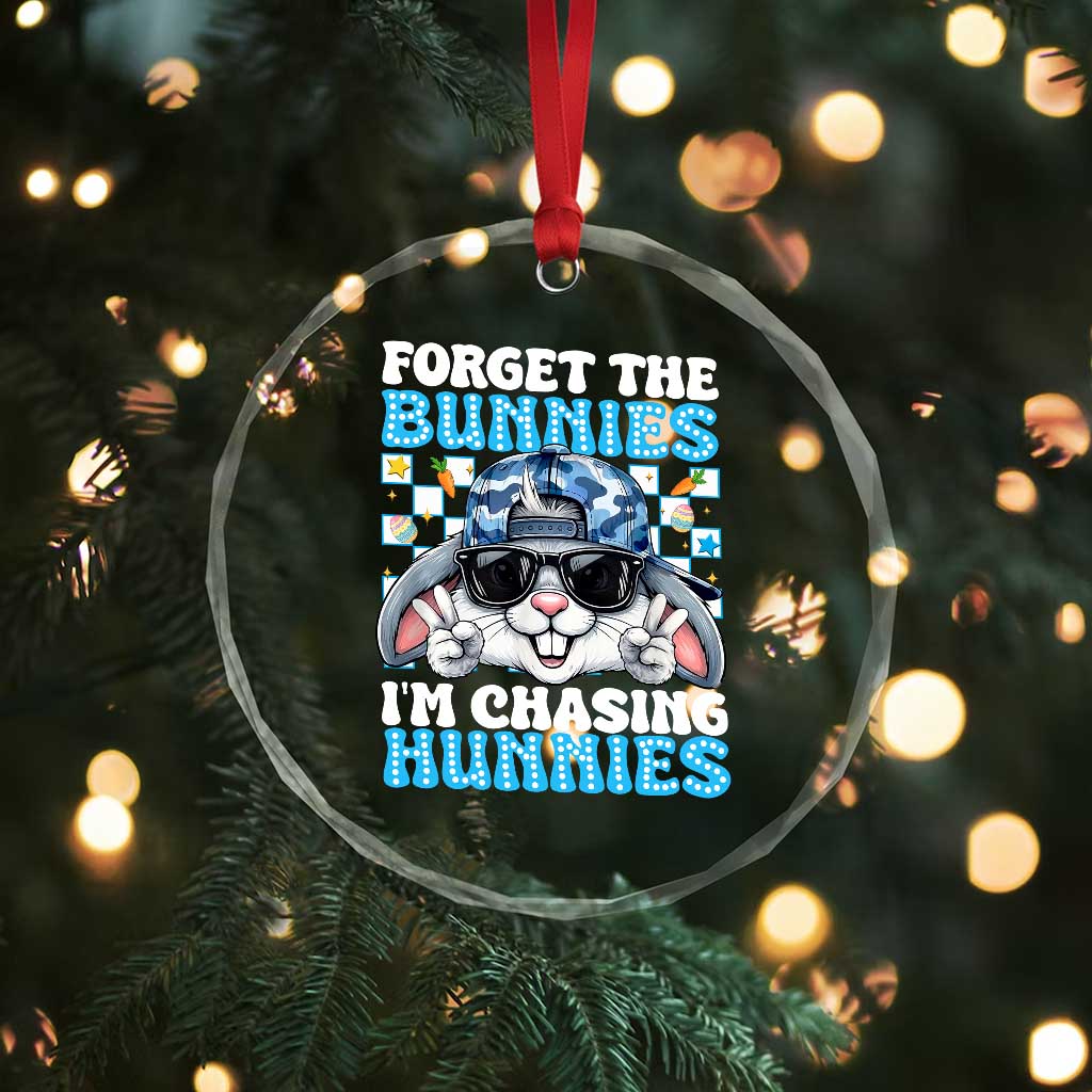 Funny Easter Bunny Forget the Bunnies I’m Chasing Hunnies Crystal Glass Ornament Cool Rabbit with Sunglasses & Hat Humor