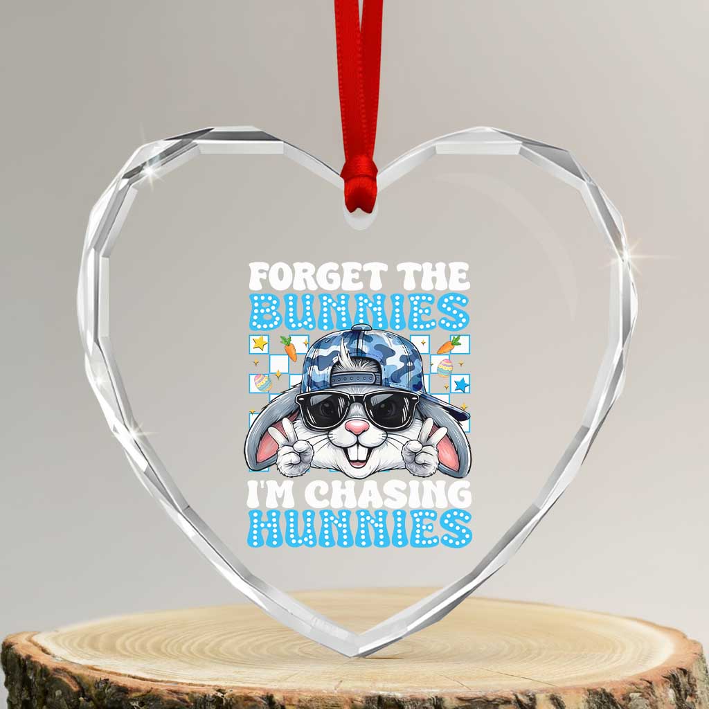 Funny Easter Bunny Forget the Bunnies I’m Chasing Hunnies Heart Crystal Glass Ornament Cool Rabbit with Sunglasses & Hat Humor