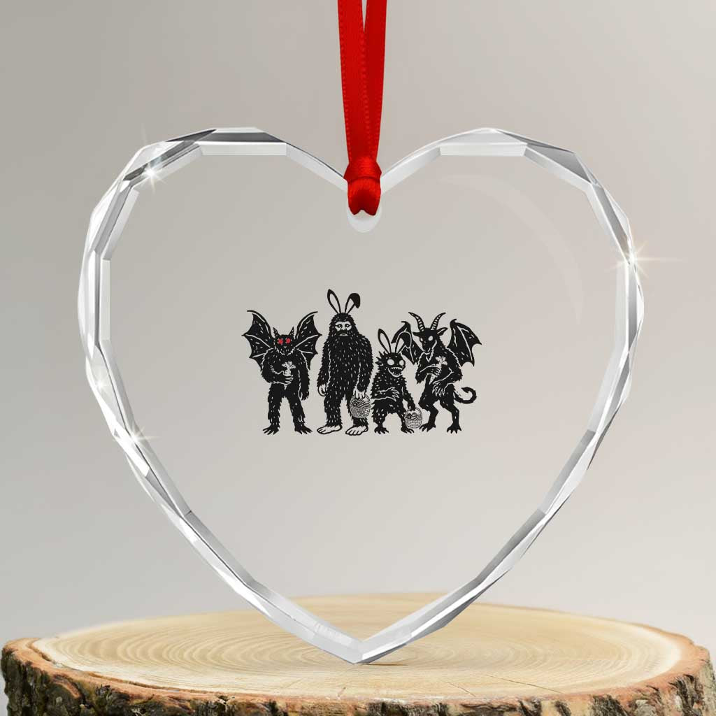 Funny Easter Cryptid Squad Heart Crystal Glass Ornament Bigfoot Mothman Jersey Devil Chupacabra Gift