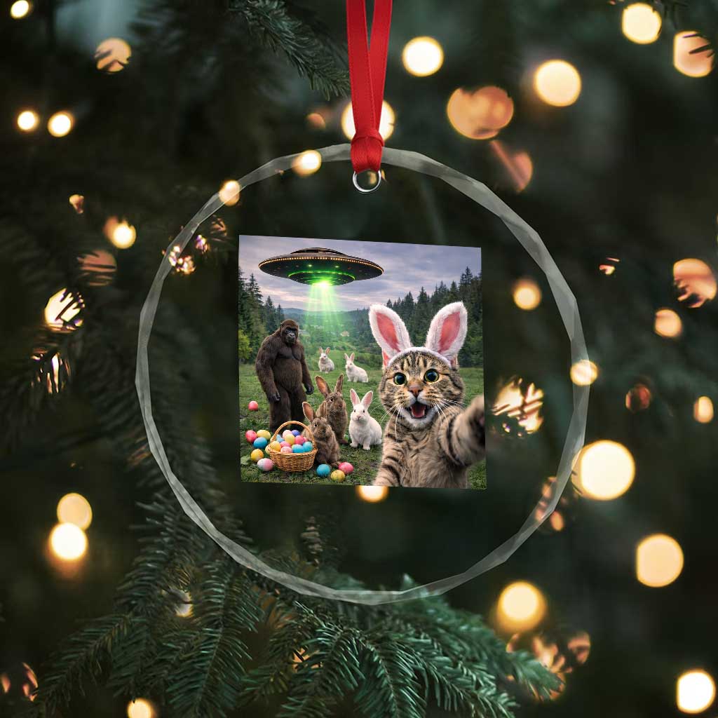 Funny Easter Day Crystal Glass Ornament Cat Selfie With Bunny Bigfoot UFO Bunny Egg