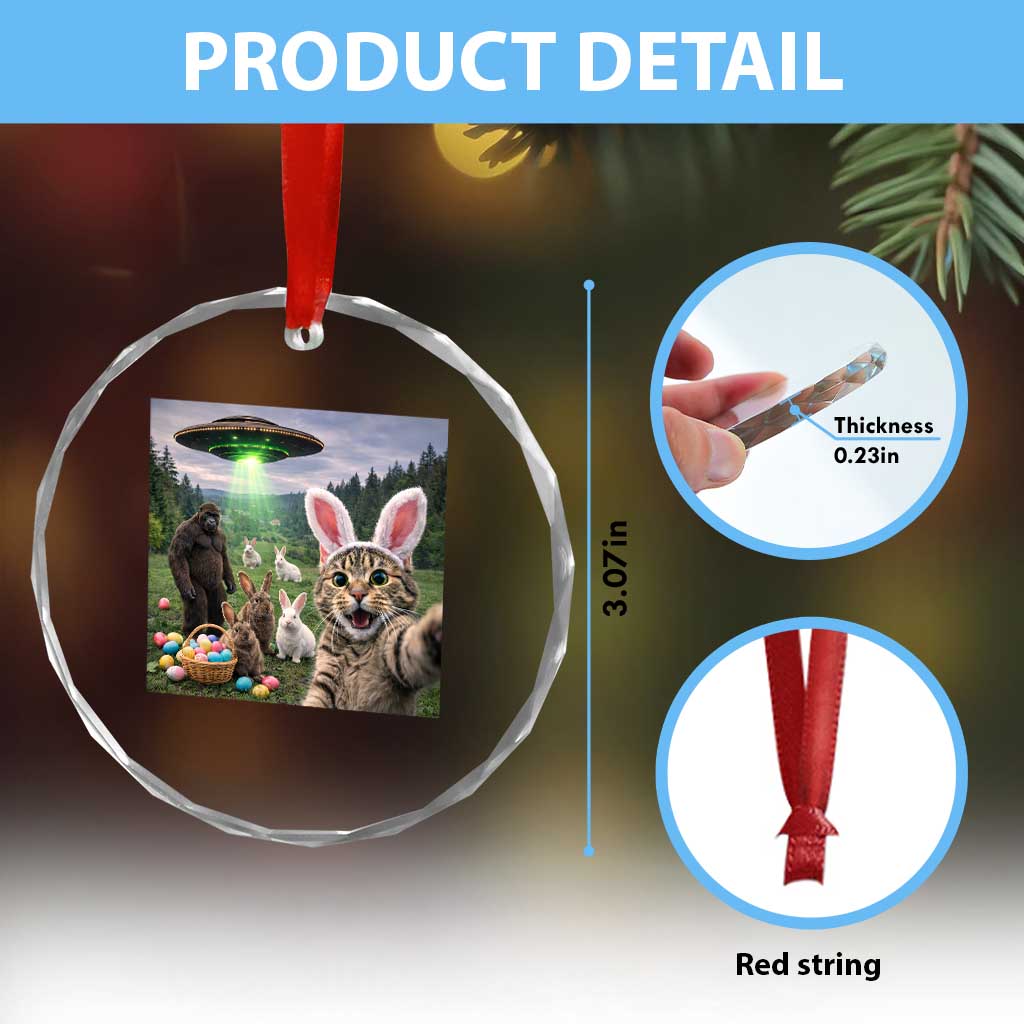 Funny Easter Day Crystal Glass Ornament Cat Selfie With Bunny Bigfoot UFO Bunny Egg