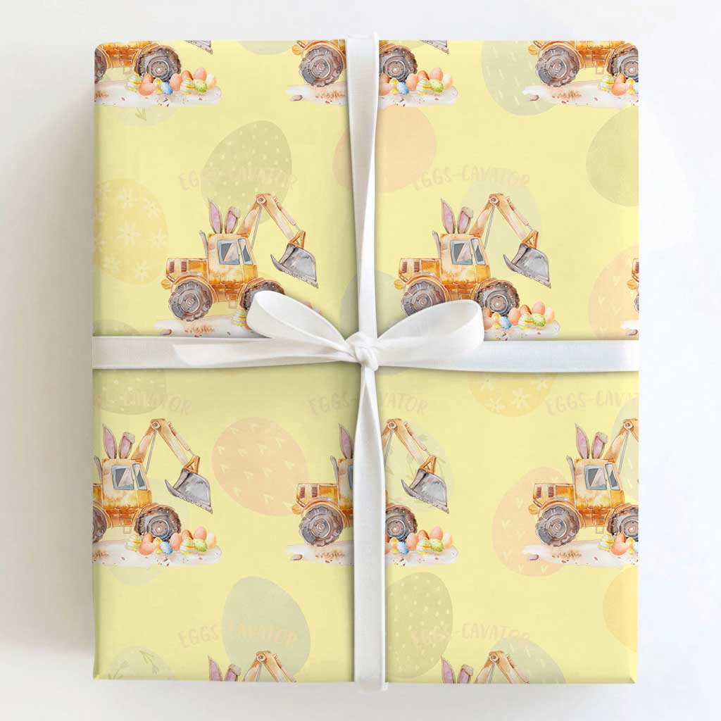 Funny Easter Day Excavator Wrapping Paper Roll Eggs-Cavator Bunny Construction Trucks