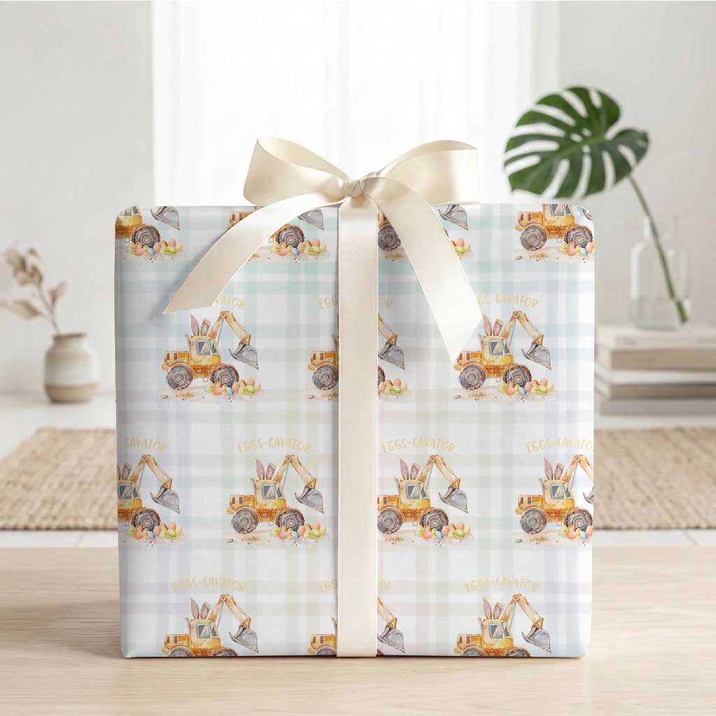 Funny Easter Day Excavator Wrapping Paper Roll Eggs-Cavator Bunny Construction Trucks