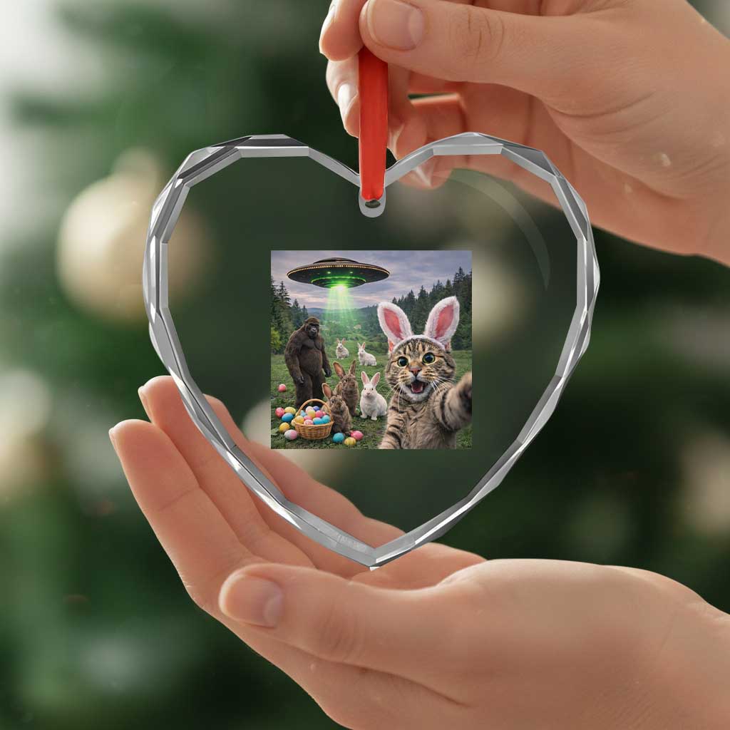 Funny Easter Day Heart Crystal Glass Ornament Cat Selfie With Bunny Bigfoot UFO Bunny Egg