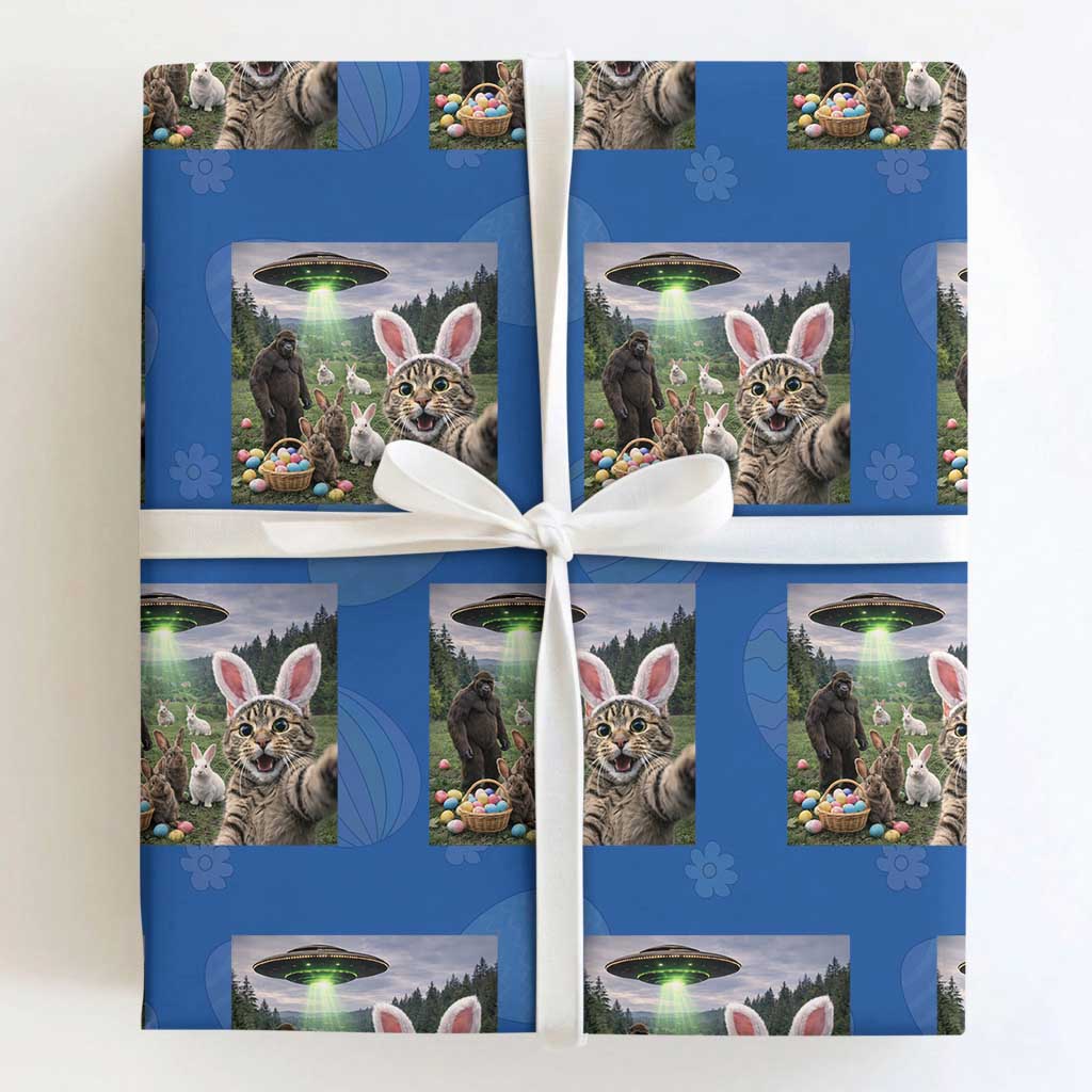 Funny Easter Day Wrapping Paper Roll Cat Selfie With Bunny Bigfoot UFO Bunny Egg