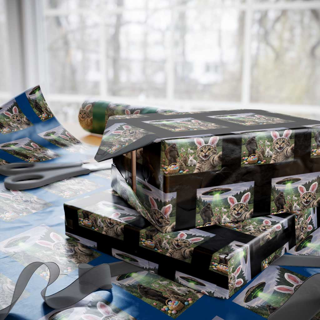 Funny Easter Day Wrapping Paper Roll Cat Selfie With Bunny Bigfoot UFO Bunny Egg