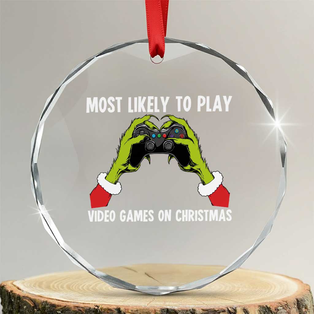 Funny Elf Hand Christmas Crystal Glass Ornament Most Likely To Play Video Games On Christmas - Wonder Print Shop
