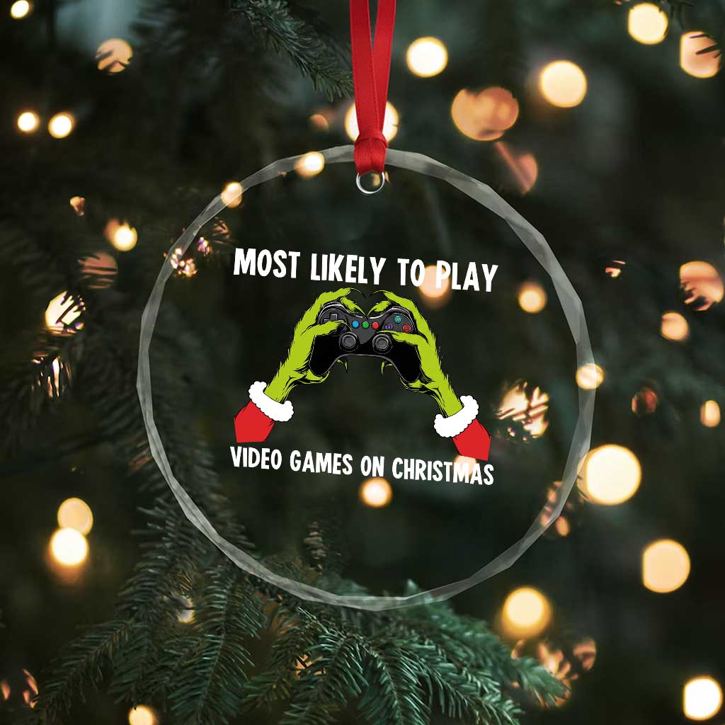Funny Elf Hand Christmas Crystal Glass Ornament Most Likely To Play Video Games On Christmas - Wonder Print Shop