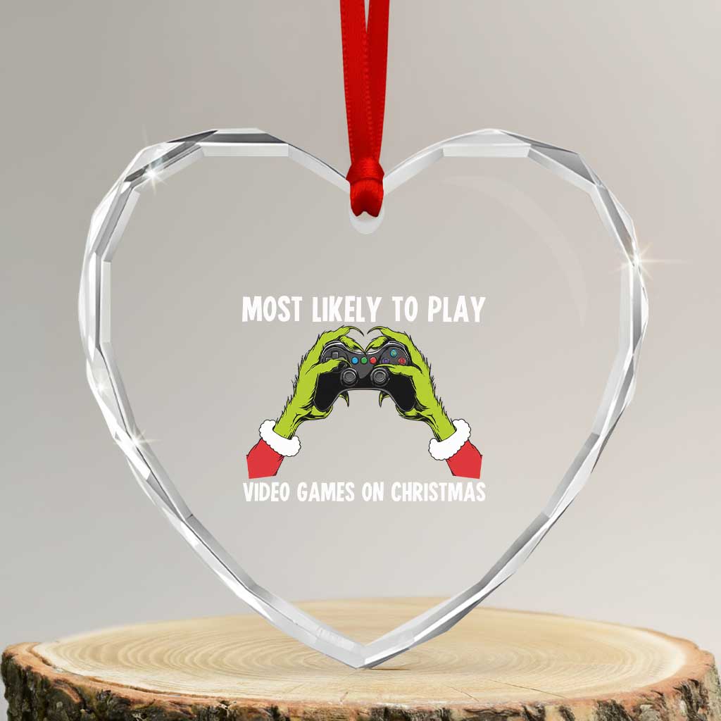 Funny Elf Hand Christmas Heart Crystal Glass Ornament Most Likely To Play Video Games On Christmas - Wonder Print Shop
