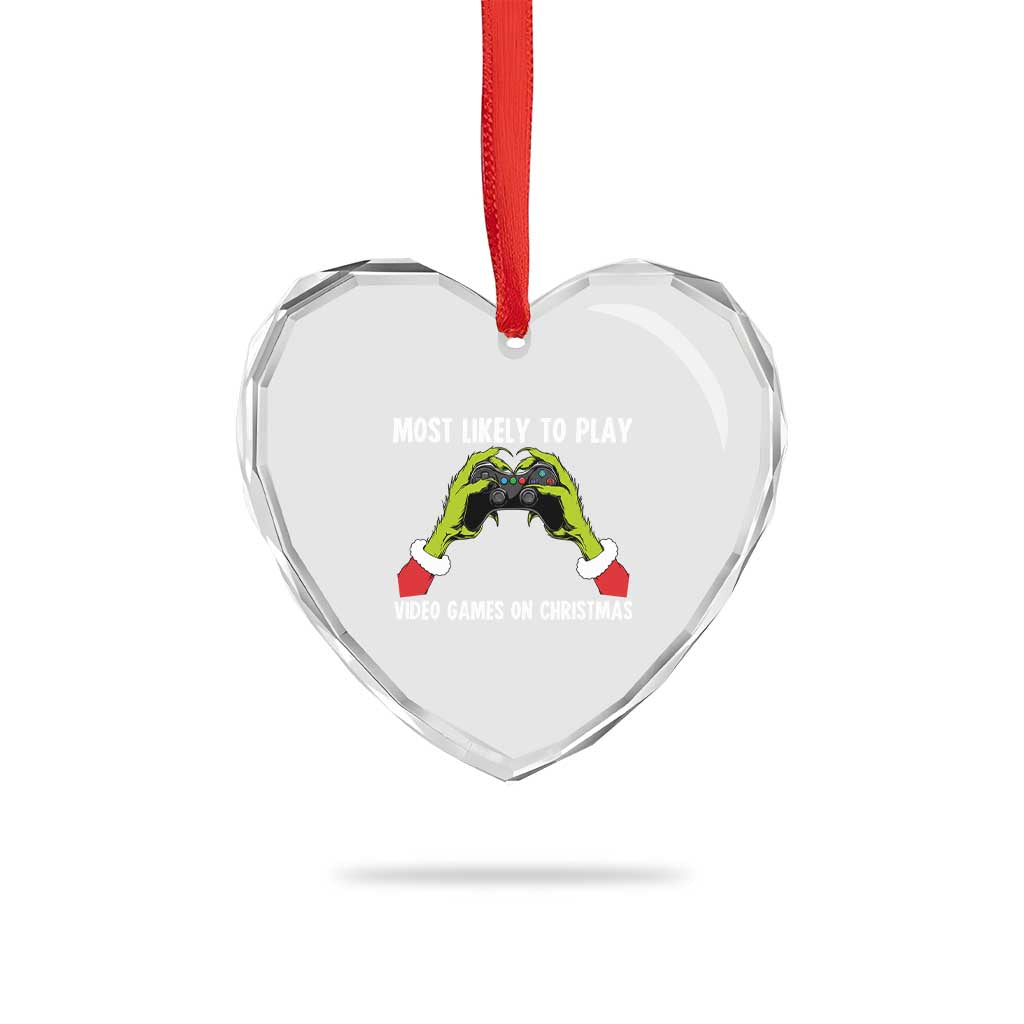 Funny Elf Hand Christmas Heart Crystal Glass Ornament Most Likely To Play Video Games On Christmas - Wonder Print Shop