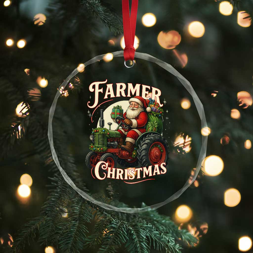 Funny Farmer Christmas Xmas Santa Farm Tractor Crystal Glass Ornament - Wonder Print Shop