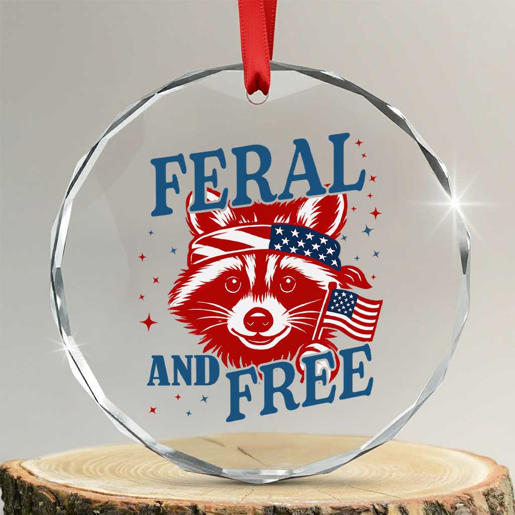 Funny Feral and Free Raccoon Crystal Glass Ornament Patriotic Bandana Animal 4th of July US Flag - Wonder Print Shop