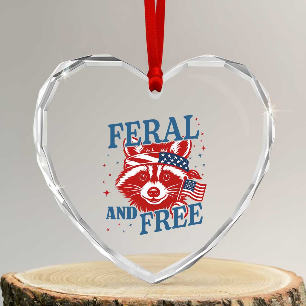 Funny Feral and Free Raccoon Heart Crystal Glass Ornament Patriotic Bandana Animal 4th of July US Flag - Wonder Print Shop