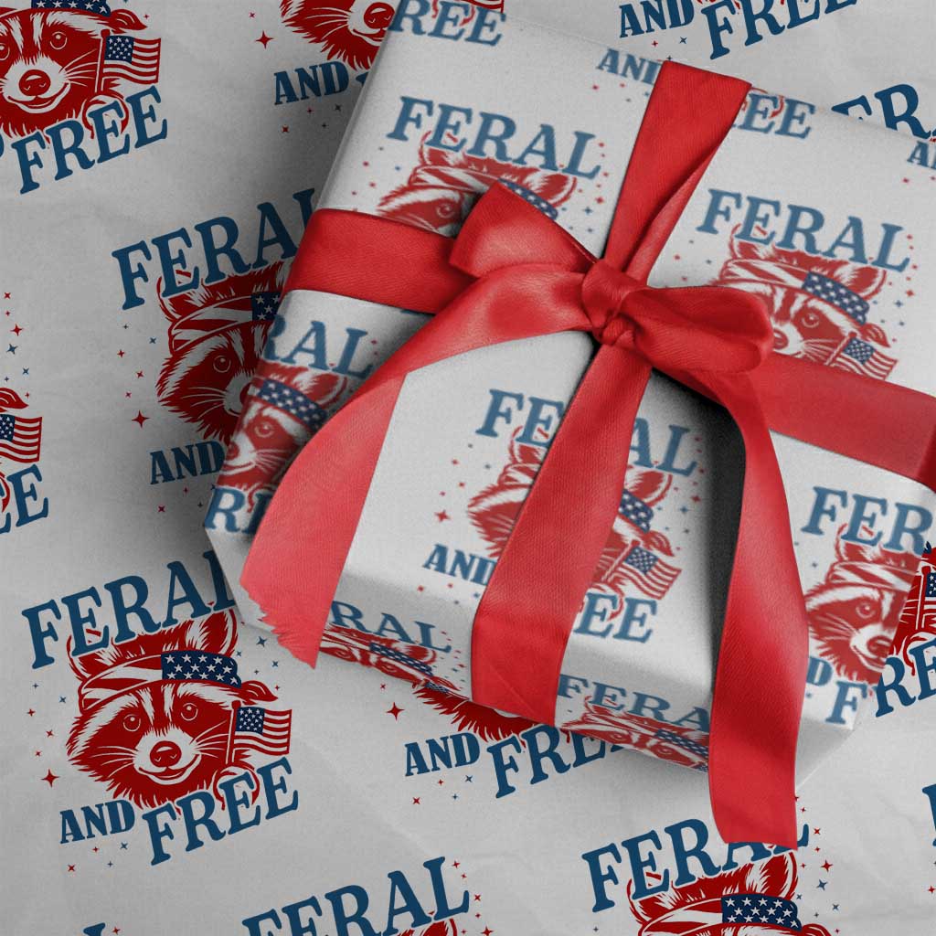 Funny Feral and Free Raccoon Wrapping Paper Roll Patriotic Bandana Animal 4th of July US Flag - Wonder Print Shop