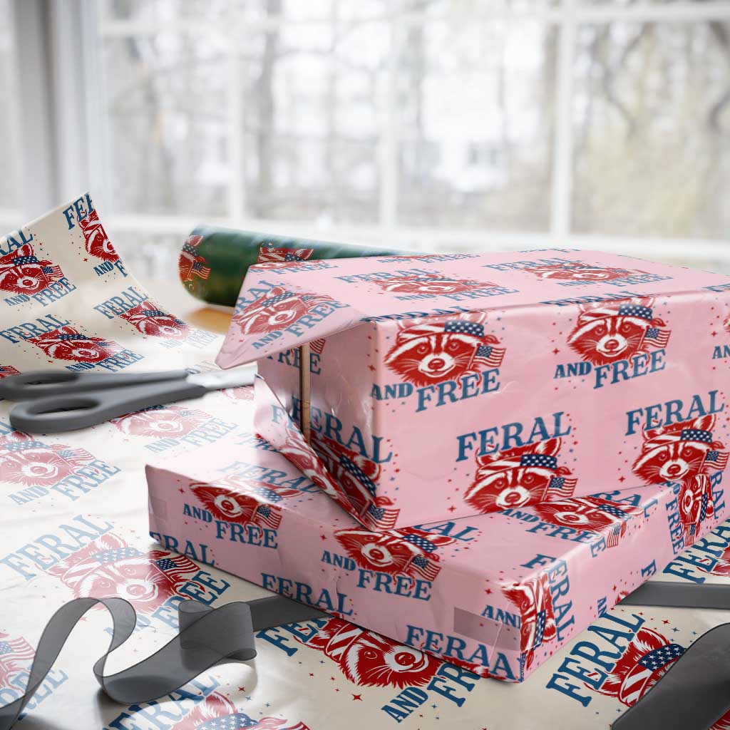 Funny Feral and Free Raccoon Wrapping Paper Roll Patriotic Bandana Animal 4th of July US Flag - Wonder Print Shop