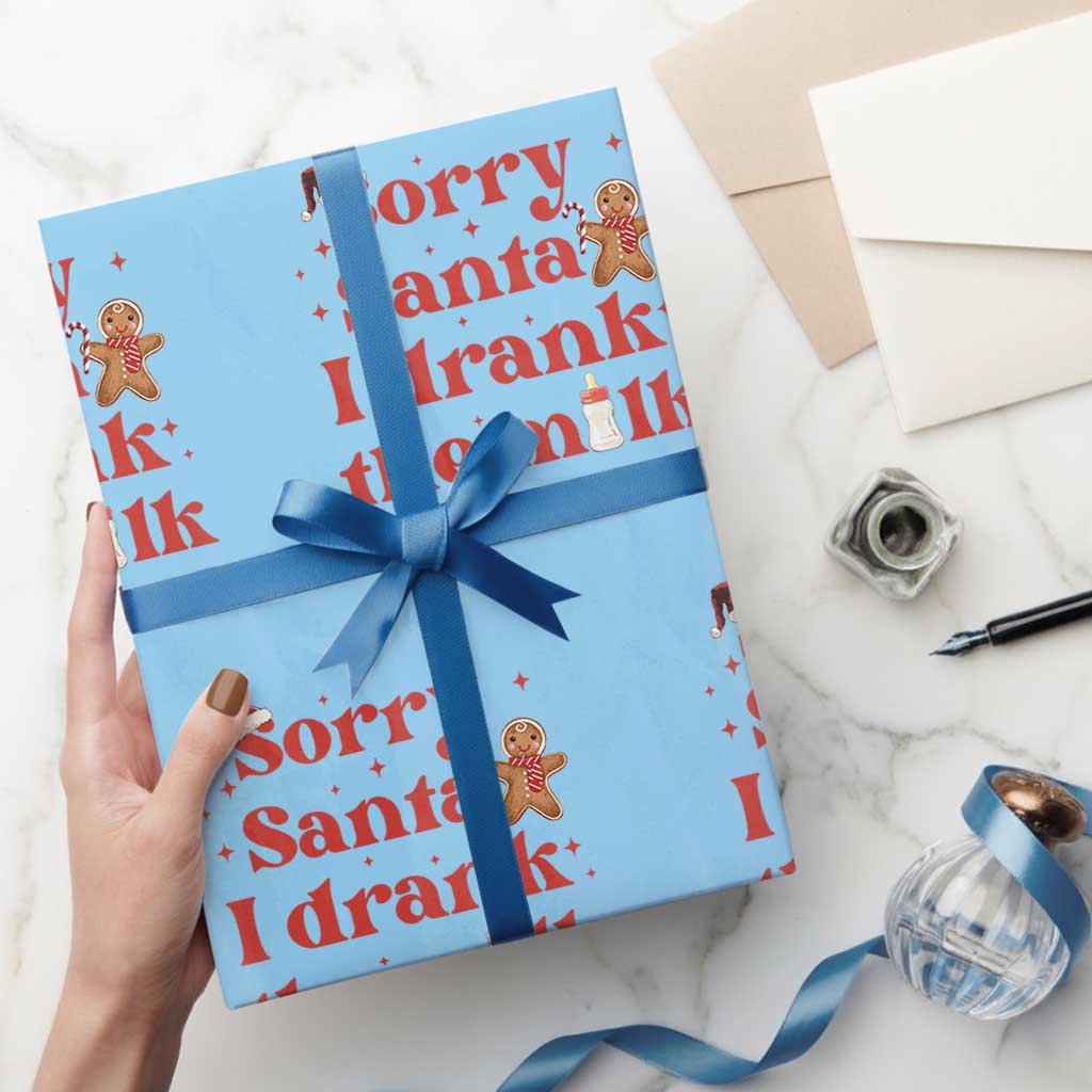 Funny First Christmas Wrapping Paper Roll Sorry Santa I Drank The Milk Gingerbread - Wonder Print Shop