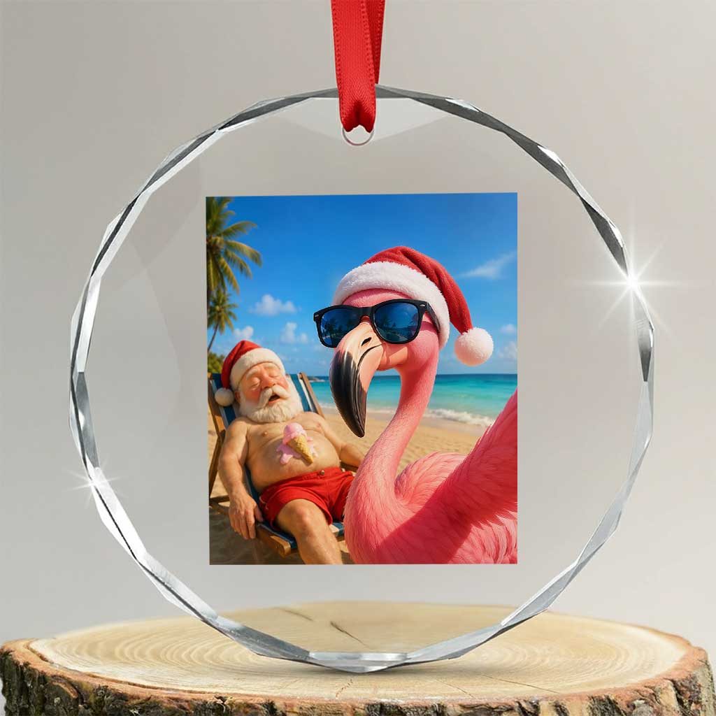 Funny Flamingo Beach Selfie Crystal Glass Ornament Christmas in July