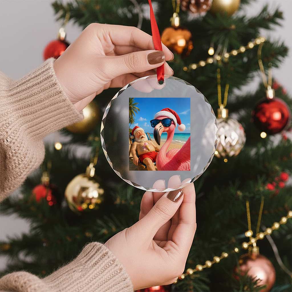 Funny Flamingo Beach Selfie Crystal Glass Ornament Christmas in July