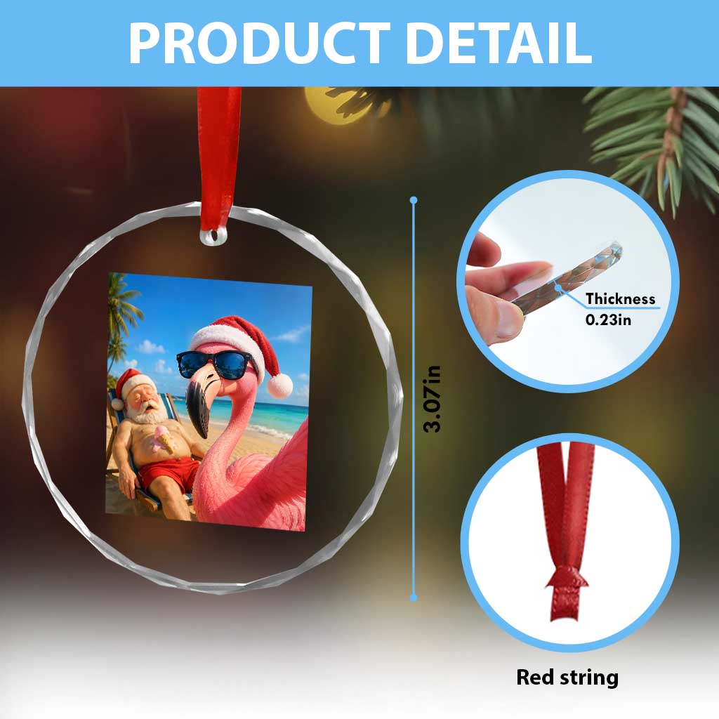 Funny Flamingo Beach Selfie Crystal Glass Ornament Christmas in July