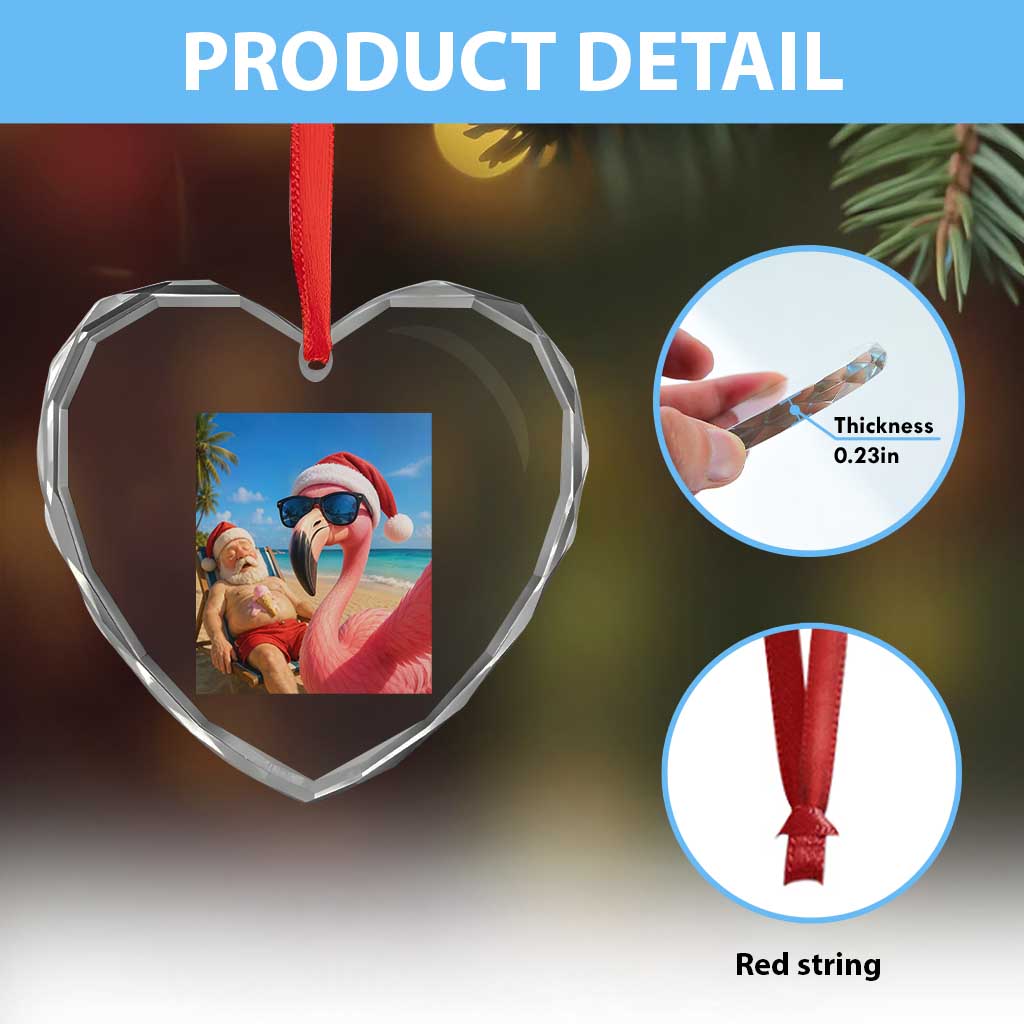 Funny Flamingo Beach Selfie Heart Crystal Glass Ornament Christmas in July