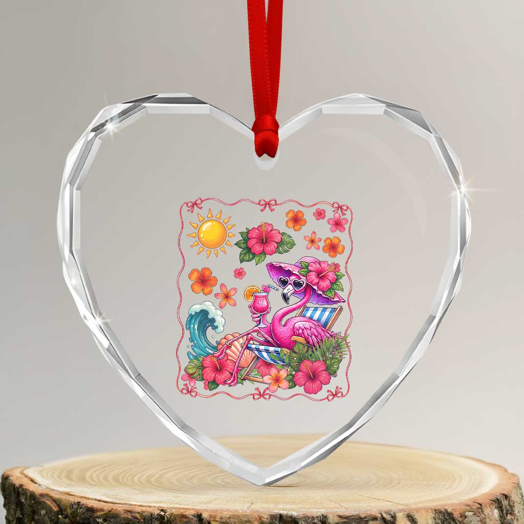 Funny Flamingo Tropical Floral Summer Vacation Graphic Heart Crystal Glass Ornament